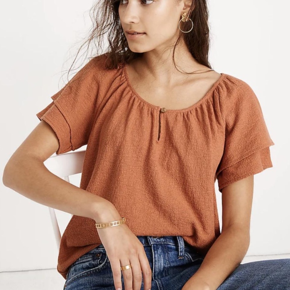 Madewell Texture & Thread Tiered Sleeve Blouse Burnt Orange Women’s Size Large